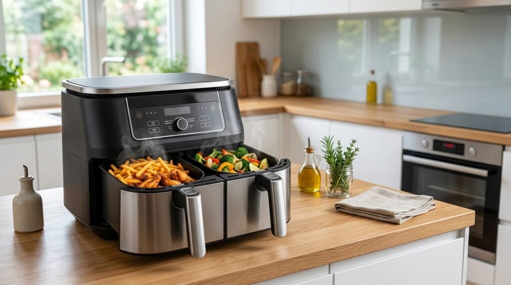 Dual Zone Heißluftfritteuse mit zwei getrennten Garkammern für Pommes und Gemüse