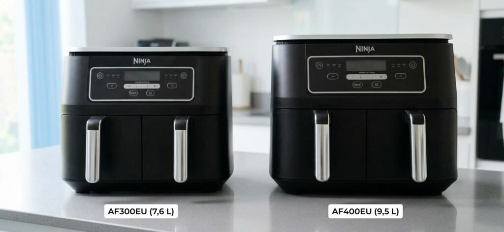 Größenvergleich Ninja Foodi DualZone AF300EU links und Ninja Foodi MAX AF400EU rechts