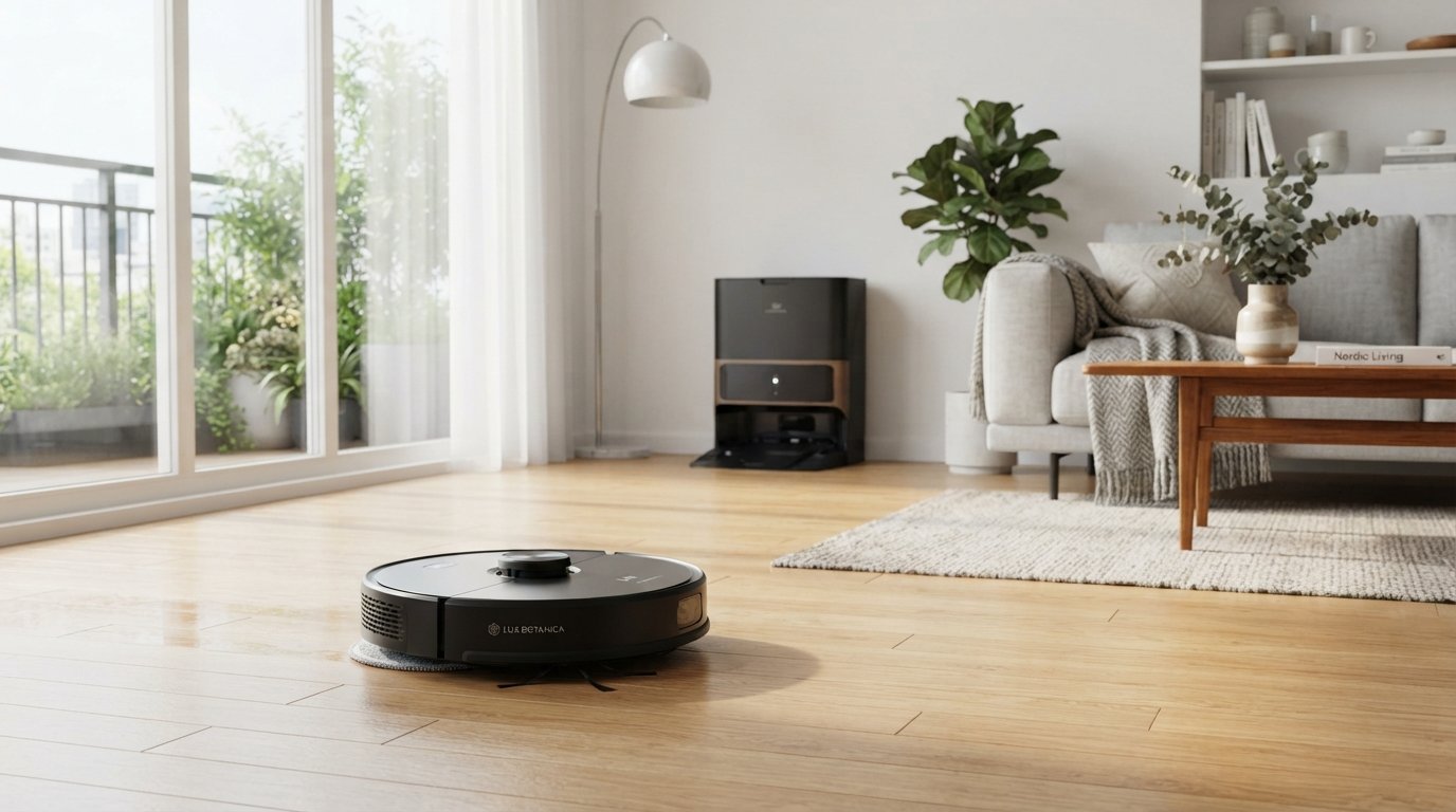 Saugroboter mit Wischfunktion Test 2026 Modell mit Basisstation im Wohnzimmer