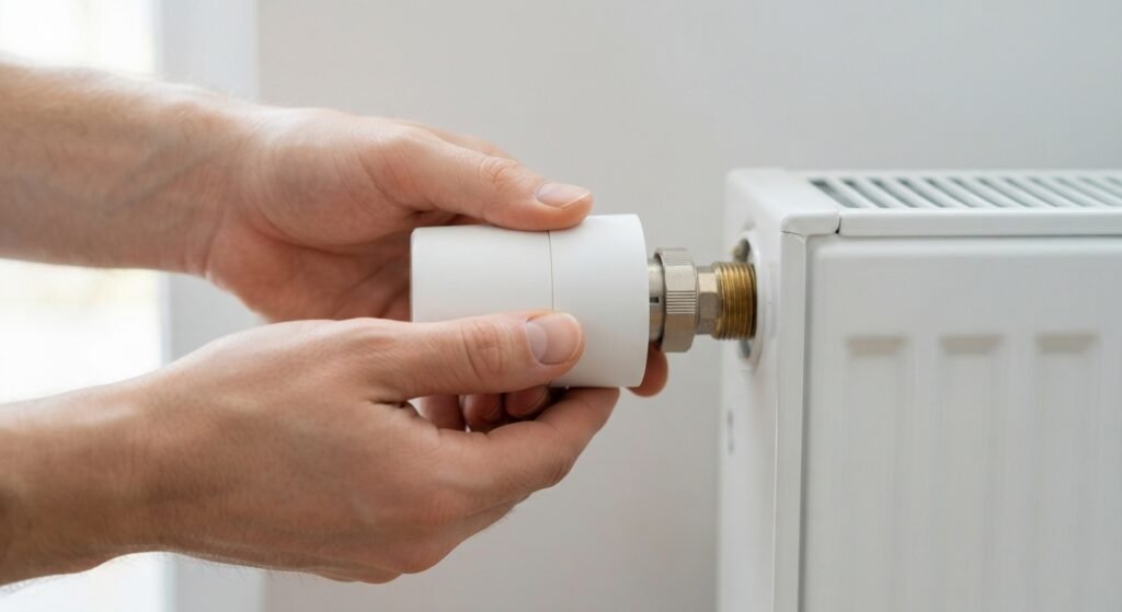 Vorbereitung der Montage: Ein Adapterring wird auf das Heizungsventil geschraubt, um den smarten Thermostat passgenau zu fixieren.